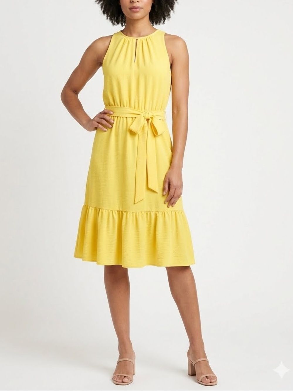 Tahari ASL Bright Yellow Sleeveless Tie-Waist Midi Dress Sz 4 Sun Dress Vacation